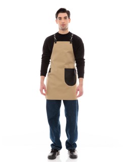 Μπεζ Ποδιά Unisex Barista Στηθούρι - Από Καμβά Ύφασμα & Μαύρη Στρογγυλή Vegan Leather Τσέπη