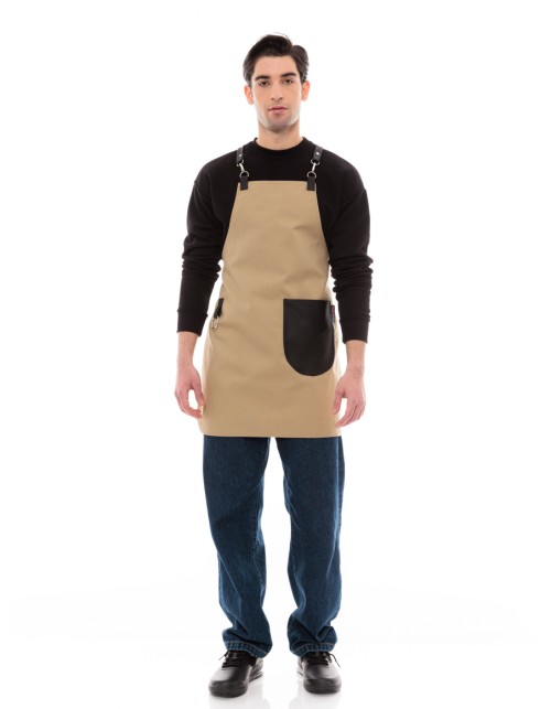 Μπεζ Ποδιά Unisex Barista Στηθούρι - Από Καμβά Ύφασμα & Μαύρη Στρογγυλή Vegan Leather Τσέπη