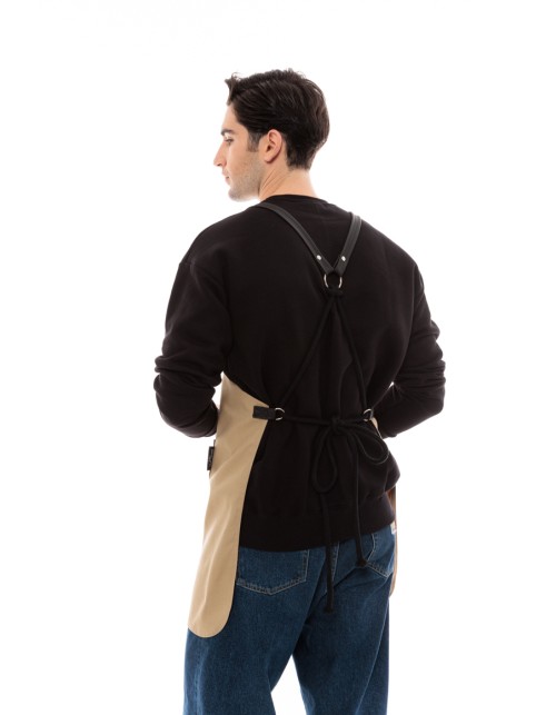 Μπεζ Ποδιά Unisex Barista Στηθούρι - Από Καμβά Ύφασμα & Μαύρη Στρογγυλή Vegan Leather Τσέπη
