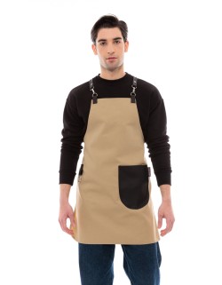 Μπεζ Ποδιά Unisex Barista Στηθούρι - Από Καμβά Ύφασμα & Μαύρη Στρογγυλή Vegan Leather Τσέπη