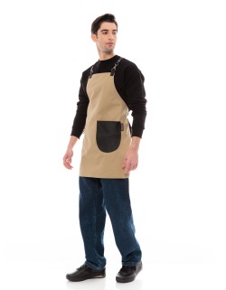 Μπεζ Ποδιά Unisex Barista Στηθούρι - Από Καμβά Ύφασμα & Μαύρη Στρογγυλή Vegan Leather Τσέπη