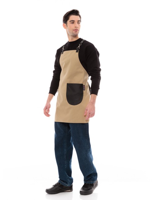 Μπεζ Ποδιά Unisex Barista Στηθούρι - Από Καμβά Ύφασμα & Μαύρη Στρογγυλή Vegan Leather Τσέπη
