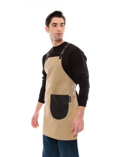 Μπεζ Ποδιά Unisex Barista Στηθούρι - Από Καμβά Ύφασμα & Μαύρη Στρογγυλή Vegan Leather Τσέπη