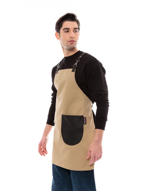 Μπεζ Ποδιά Unisex Barista Στηθούρι - Από Καμβά Ύφασμα & Μαύρη Στρογγυλή Vegan Leather Τσέπη