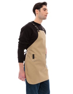 Μπεζ Ποδιά Unisex Barista Στηθούρι - Από Καμβά Ύφασμα & Μαύρη Στρογγυλή Vegan Leather Τσέπη