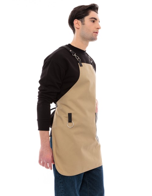 Μπεζ Ποδιά Unisex Barista Στηθούρι - Από Καμβά Ύφασμα & Μαύρη Στρογγυλή Vegan Leather Τσέπη