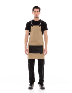 Μπεζ Ποδιά Unisex Barista Στηθούρι - Από Καμβά Ύφασμα & Μαύρη Τετράγωνη Vegan Leather Τσέπη