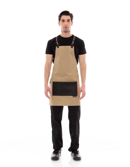Μπεζ Ποδιά Unisex Barista Στηθούρι - Από Καμβά Ύφασμα & Μαύρη Τετράγωνη Vegan Leather Τσέπη