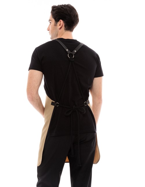 Μπεζ Ποδιά Unisex Barista Στηθούρι - Από Καμβά Ύφασμα & Μαύρη Τετράγωνη Vegan Leather Τσέπη
