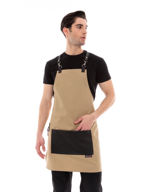 Μπεζ Ποδιά Unisex Barista Στηθούρι - Από Καμβά Ύφασμα & Μαύρη Τετράγωνη Vegan Leather Τσέπη