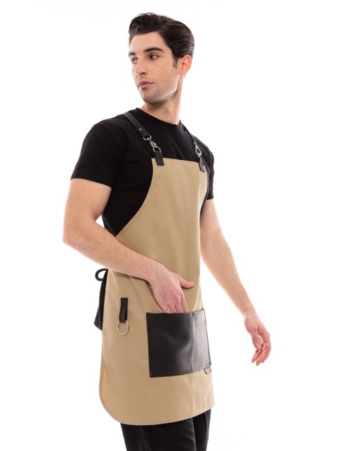 Μπεζ Ποδιά Unisex Barista Στηθούρι - Από Καμβά Ύφασμα & Μαύρη Τετράγωνη Vegan Leather Τσέπη