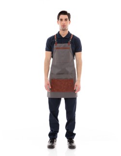 Γκρι Ποδιά Unisex Barista Στηθούρι - Από Καμβά Ύφασμα & Ταμπά Vegan Leather Λεπτομέρειες