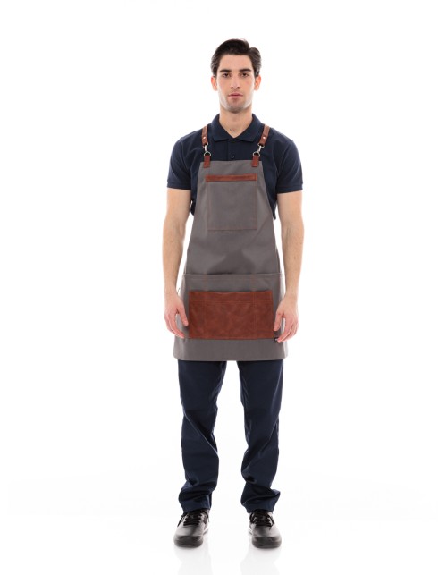 Γκρι Ποδιά Unisex Barista Στηθούρι - Από Καμβά Ύφασμα & Ταμπά Vegan Leather Λεπτομέρειες