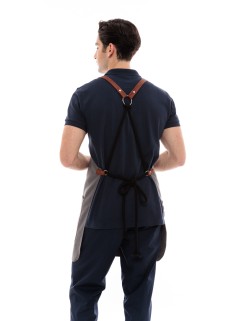 Γκρι Ποδιά Unisex Barista Στηθούρι - Από Καμβά Ύφασμα & Ταμπά Vegan Leather Λεπτομέρειες