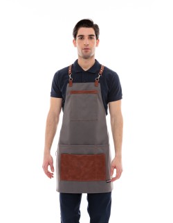 Γκρι Ποδιά Unisex Barista Στηθούρι - Από Καμβά Ύφασμα & Ταμπά Vegan Leather Λεπτομέρειες