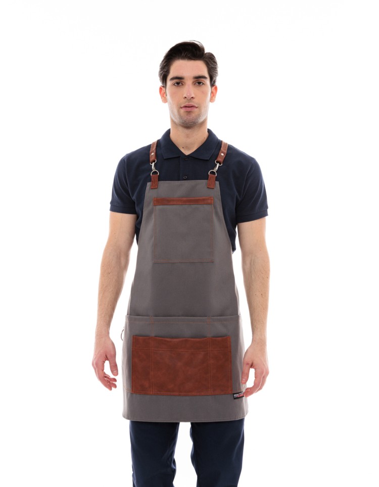 Γκρι Ποδιά Unisex Barista Στηθούρι - Από Καμβά Ύφασμα & Ταμπά Vegan Leather Λεπτομέρειες