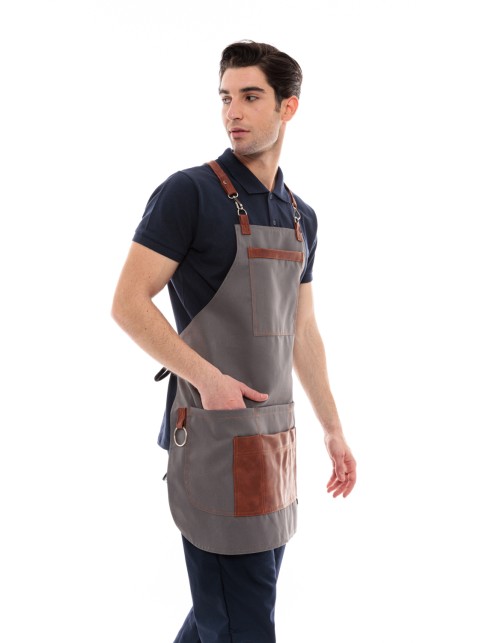 Γκρι Ποδιά Unisex Barista Στηθούρι - Από Καμβά Ύφασμα & Ταμπά Vegan Leather Λεπτομέρειες