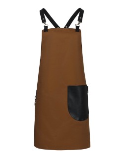 Κάμελ Ποδιά Unisex Barista Στηθούρι - Από Καμβά Ύφασμα & Μαύρη Στρογγυλή Vegan Leather Τσέπη