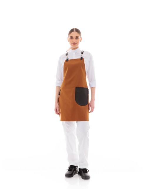 Κάμελ Ποδιά Unisex Barista Στηθούρι - Από Καμβά Ύφασμα & Μαύρη Στρογγυλή Vegan Leather Τσέπη
