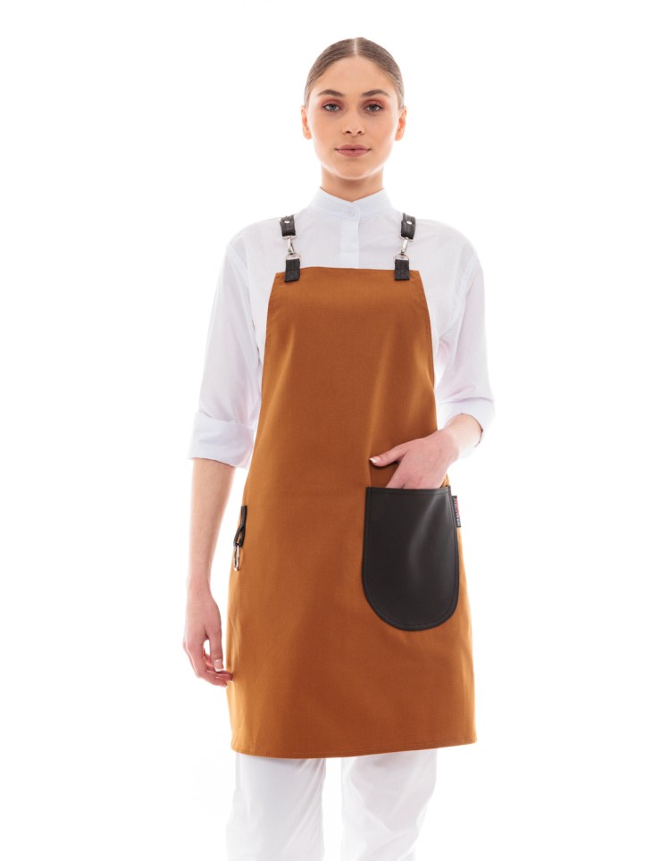 Κάμελ Ποδιά Unisex Barista Στηθούρι - Από Καμβά Ύφασμα & Μαύρη Στρογγυλή Vegan Leather Τσέπη