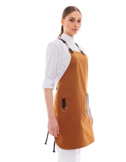 Κάμελ Ποδιά Unisex Barista Στηθούρι - Από Καμβά Ύφασμα & Μαύρη Στρογγυλή Vegan Leather Τσέπη