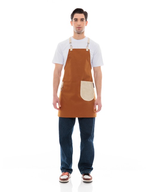 Κάμελ Ποδιά Unisex Barista Στηθούρι - Από Καμβά Ύφασμα & Μπεζ Στρογγυλή Vegan Leather Τσέπη