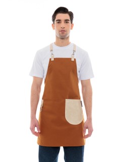 Κάμελ Ποδιά Unisex Barista Στηθούρι - Από Καμβά Ύφασμα & Μπεζ Στρογγυλή Vegan Leather Τσέπη