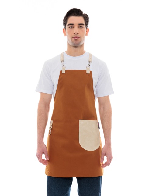 Κάμελ Ποδιά Unisex Barista Στηθούρι - Από Καμβά Ύφασμα & Μπεζ Στρογγυλή Vegan Leather Τσέπη