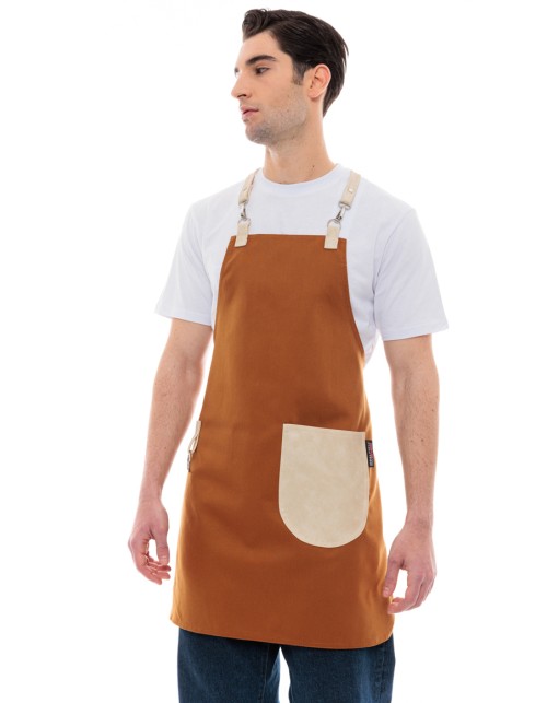 Κάμελ Ποδιά Unisex Barista Στηθούρι - Από Καμβά Ύφασμα & Μπεζ Στρογγυλή Vegan Leather Τσέπη
