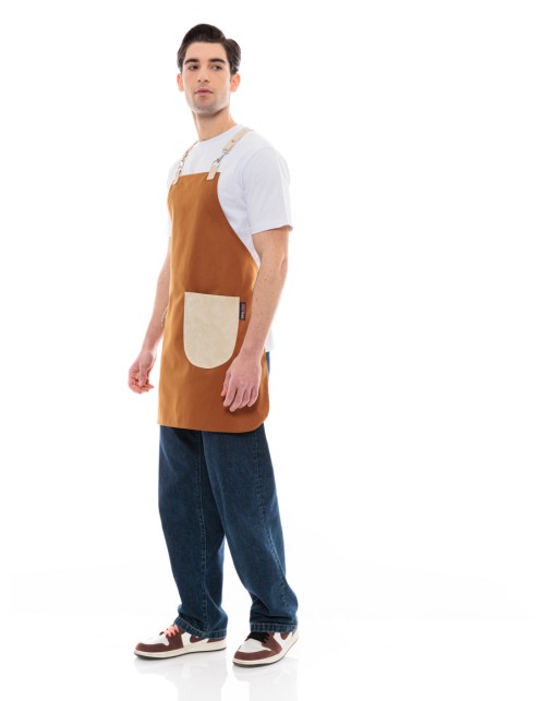 Κάμελ Ποδιά Unisex Barista Στηθούρι - Από Καμβά Ύφασμα & Μπεζ Στρογγυλή Vegan Leather Τσέπη