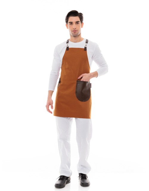 Κάμελ Ποδιά Unisex Barista Στηθούρι - Από Καμβά Ύφασμα & Καφέ Στρογγυλή Vegan Leather Τσέπη