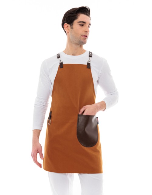 Κάμελ Ποδιά Unisex Barista Στηθούρι - Από Καμβά Ύφασμα & Καφέ Στρογγυλή Vegan Leather Τσέπη
