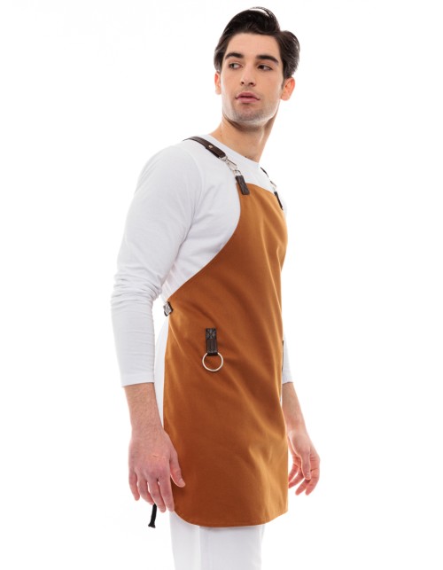 Κάμελ Ποδιά Unisex Barista Στηθούρι - Από Καμβά Ύφασμα & Καφέ Στρογγυλή Vegan Leather Τσέπη