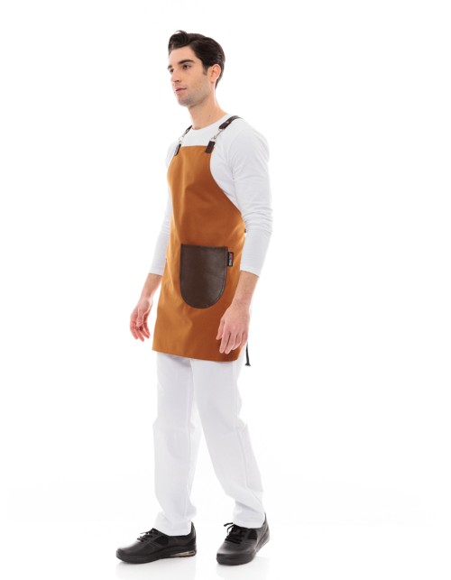 Κάμελ Ποδιά Unisex Barista Στηθούρι - Από Καμβά Ύφασμα & Καφέ Στρογγυλή Vegan Leather Τσέπη