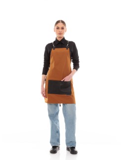 Κάμελ Ποδιά Unisex Barista Στηθούρι - Από Καμβά Ύφασμα & Μαύρη Τετράγωνη Vegan Leather Τσέπη