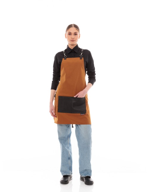 Κάμελ Ποδιά Unisex Barista Στηθούρι - Από Καμβά Ύφασμα & Μαύρη Τετράγωνη Vegan Leather Τσέπη