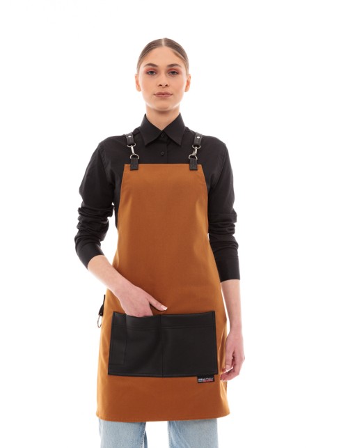 Κάμελ Ποδιά Unisex Barista Στηθούρι - Από Καμβά Ύφασμα & Μαύρη Τετράγωνη Vegan Leather Τσέπη