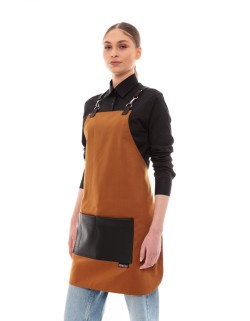 Κάμελ Ποδιά Unisex Barista Στηθούρι - Από Καμβά Ύφασμα & Μαύρη Τετράγωνη Vegan Leather Τσέπη