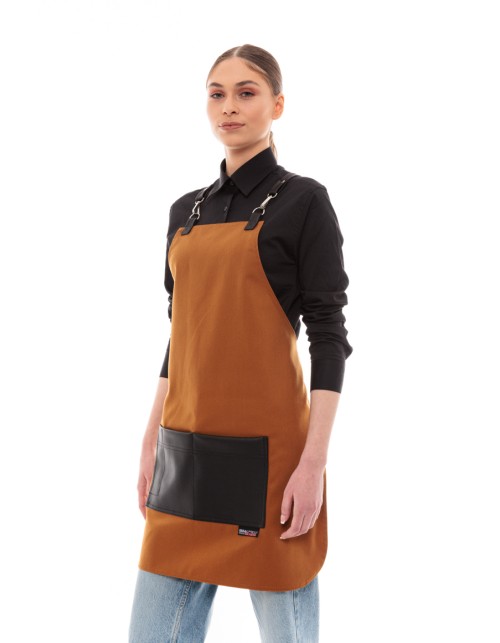 Κάμελ Ποδιά Unisex Barista Στηθούρι - Από Καμβά Ύφασμα & Μαύρη Τετράγωνη Vegan Leather Τσέπη