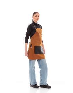Κάμελ Ποδιά Unisex Barista Στηθούρι - Από Καμβά Ύφασμα & Μαύρη Τετράγωνη Vegan Leather Τσέπη
