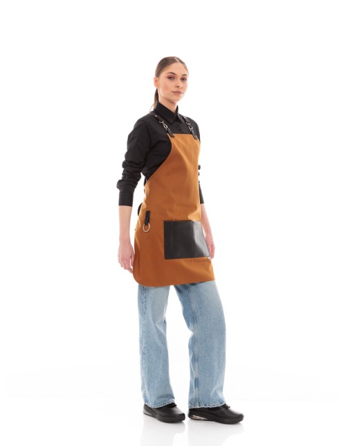 Κάμελ Ποδιά Unisex Barista Στηθούρι - Από Καμβά Ύφασμα & Μαύρη Τετράγωνη Vegan Leather Τσέπη