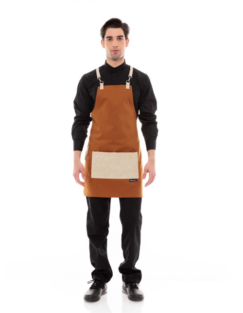 Κάμελ Ποδιά Unisex Barista Στηθούρι - Από Καμβά Ύφασμα & Μπεζ Τετράγωνη Vegan Leather Τσέπη