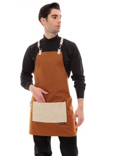 Κάμελ Ποδιά Unisex Barista Στηθούρι - Από Καμβά Ύφασμα & Μπεζ Τετράγωνη Vegan Leather Τσέπη