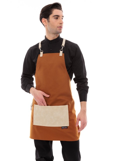 Κάμελ Ποδιά Unisex Barista Στηθούρι - Από Καμβά Ύφασμα & Μπεζ Τετράγωνη Vegan Leather Τσέπη