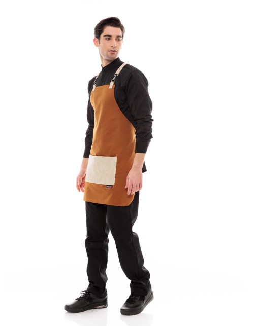 Κάμελ Ποδιά Unisex Barista Στηθούρι - Από Καμβά Ύφασμα & Μπεζ Τετράγωνη Vegan Leather Τσέπη