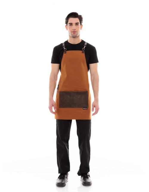 Κάμελ Ποδιά Unisex Barista Στηθούρι - Από Καμβά Ύφασμα & Καφέ Τετράγωνη Vegan Leather Τσέπη