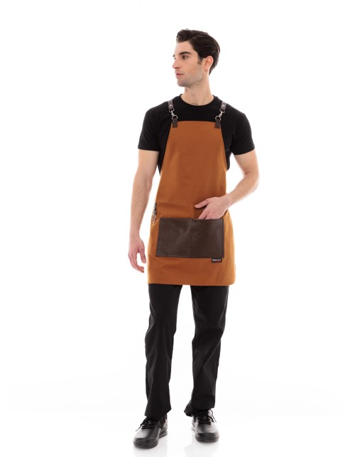 Κάμελ Ποδιά Unisex Barista Στηθούρι - Από Καμβά Ύφασμα & Καφέ Τετράγωνη Vegan Leather Τσέπη