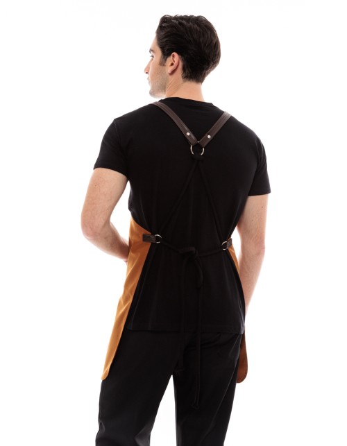 Κάμελ Ποδιά Unisex Barista Στηθούρι - Από Καμβά Ύφασμα & Καφέ Τετράγωνη Vegan Leather Τσέπη