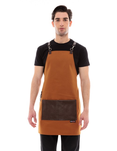 Κάμελ Ποδιά Unisex Barista Στηθούρι - Από Καμβά Ύφασμα & Καφέ Τετράγωνη Vegan Leather Τσέπη