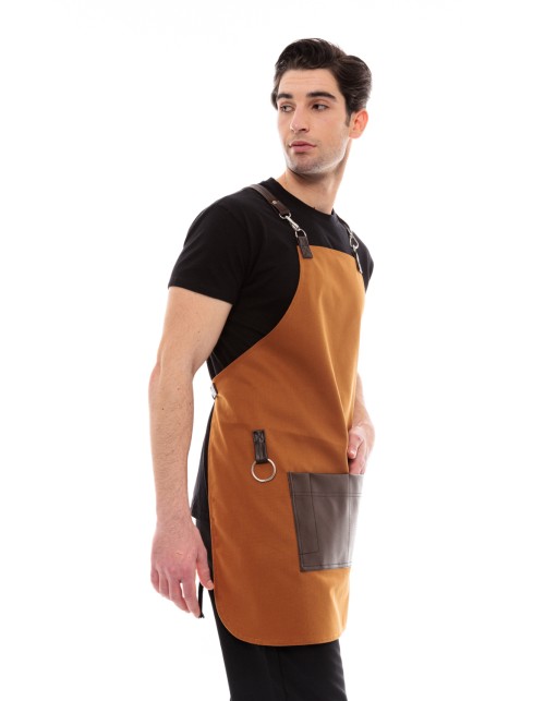 Κάμελ Ποδιά Unisex Barista Στηθούρι - Από Καμβά Ύφασμα & Καφέ Τετράγωνη Vegan Leather Τσέπη